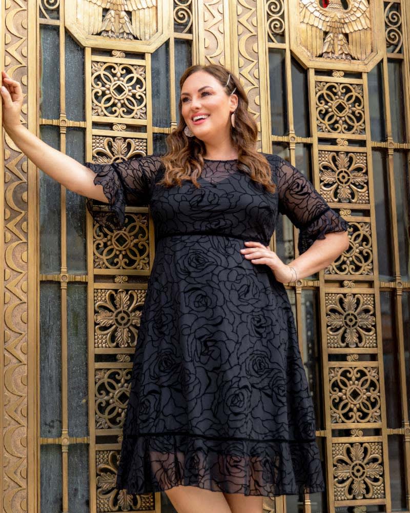 Plus Size Francesca Cocktail Dress MIDNIGHT ROSE GARDEN
